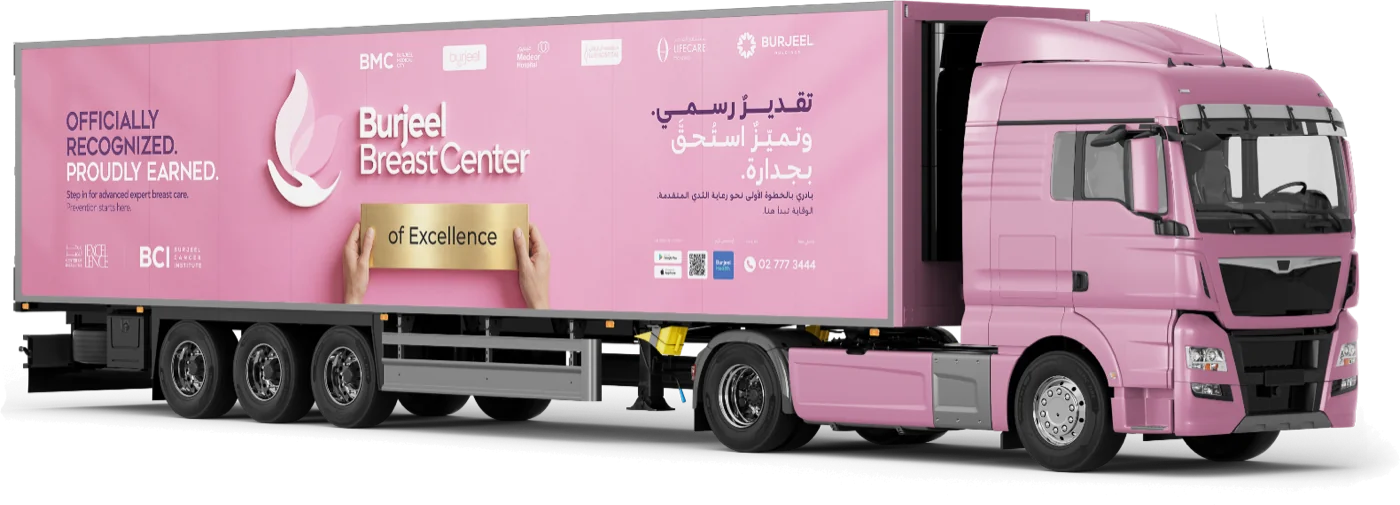 The Burjeel Breast Center mobile mammography clinic, a pink truck touring Abu Dhabi